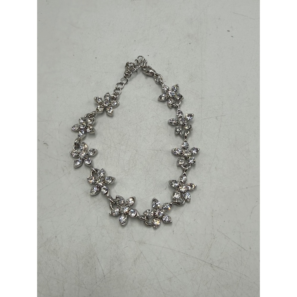 Silver Tone Rhinestone Flower Link Bracelet Floral Bridal Prom Jewelry